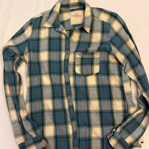 Hollister Teal, Cream and Yellow Plaid Button-Down Shirt
